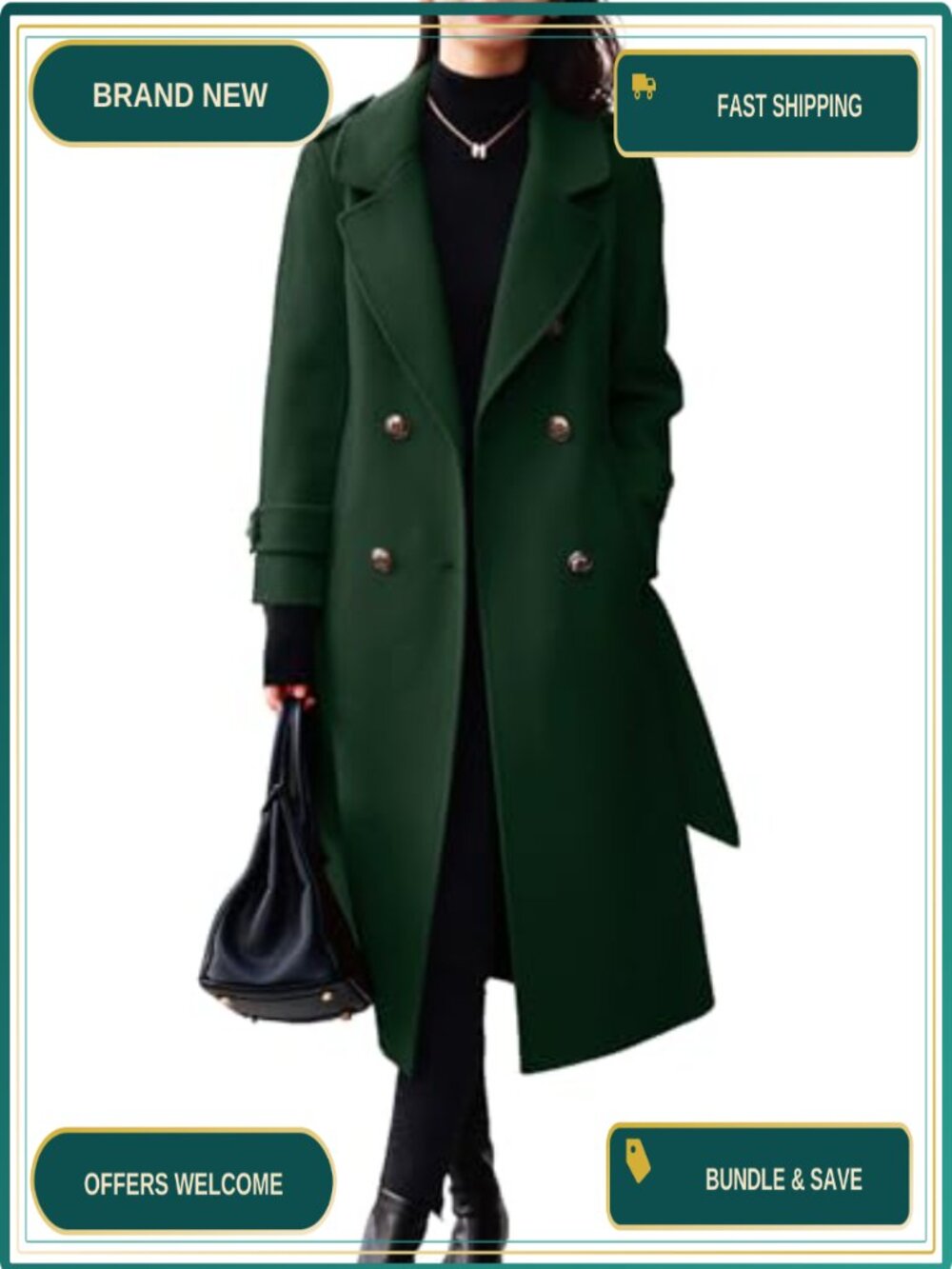Wool Pea Coat Double Breasted Belted Midi Winter Overcoat